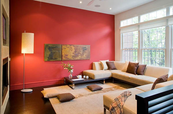 Sơn tường màu đỏ  cho mệnh thổ- điểm nhấn của phòng khách
