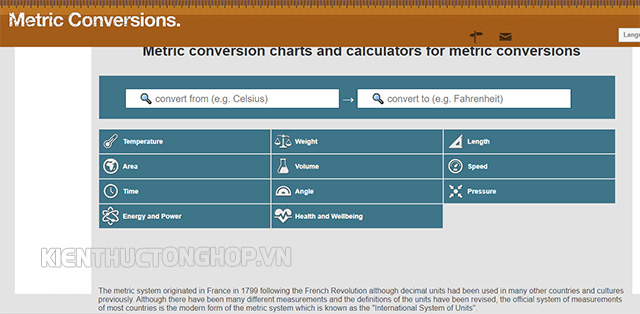 Giao diện của công cụ chuyển đổi feet trực tuyến mang tên Metric Conversion
